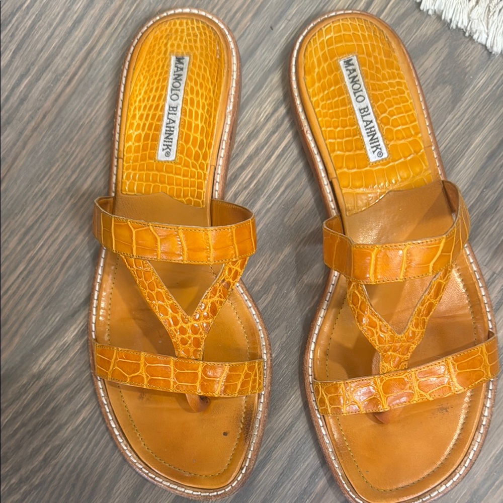 Manolo Blahnik Orange Alligator Sandals